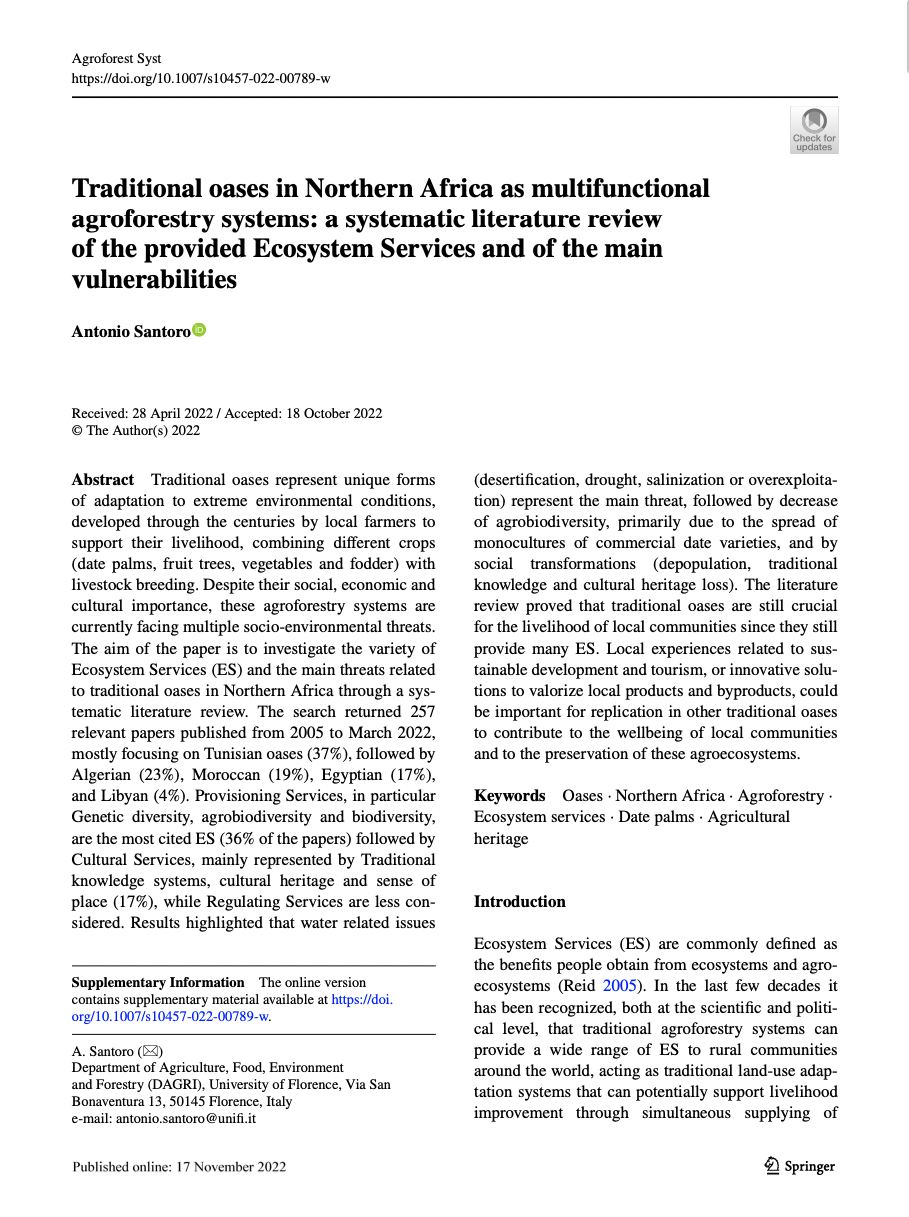 Traditional oases in Northern Africa as multifunctional agroforestry systems: a systematic literature review of the provided Ecosystem Services and of the main vulnerabilities